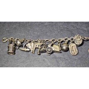 Vintage STERLING SILVER CHARM BRACELET Articulating 925 Oriental Theme 22-Charms